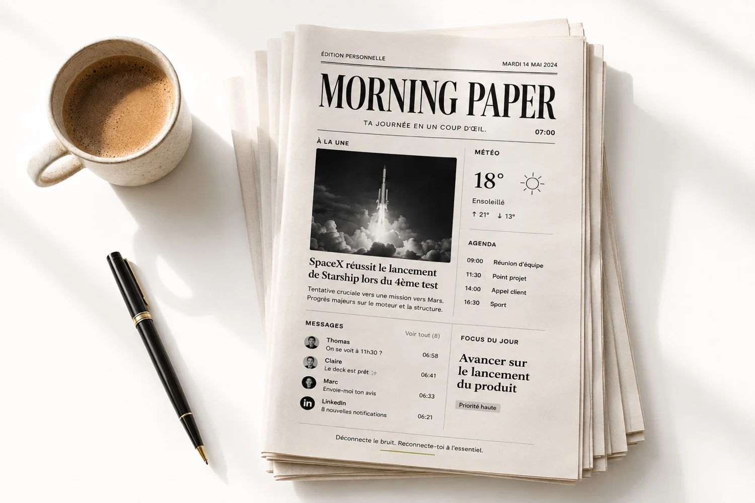 Morning Paper imprimé, café et stylo — édition du matin