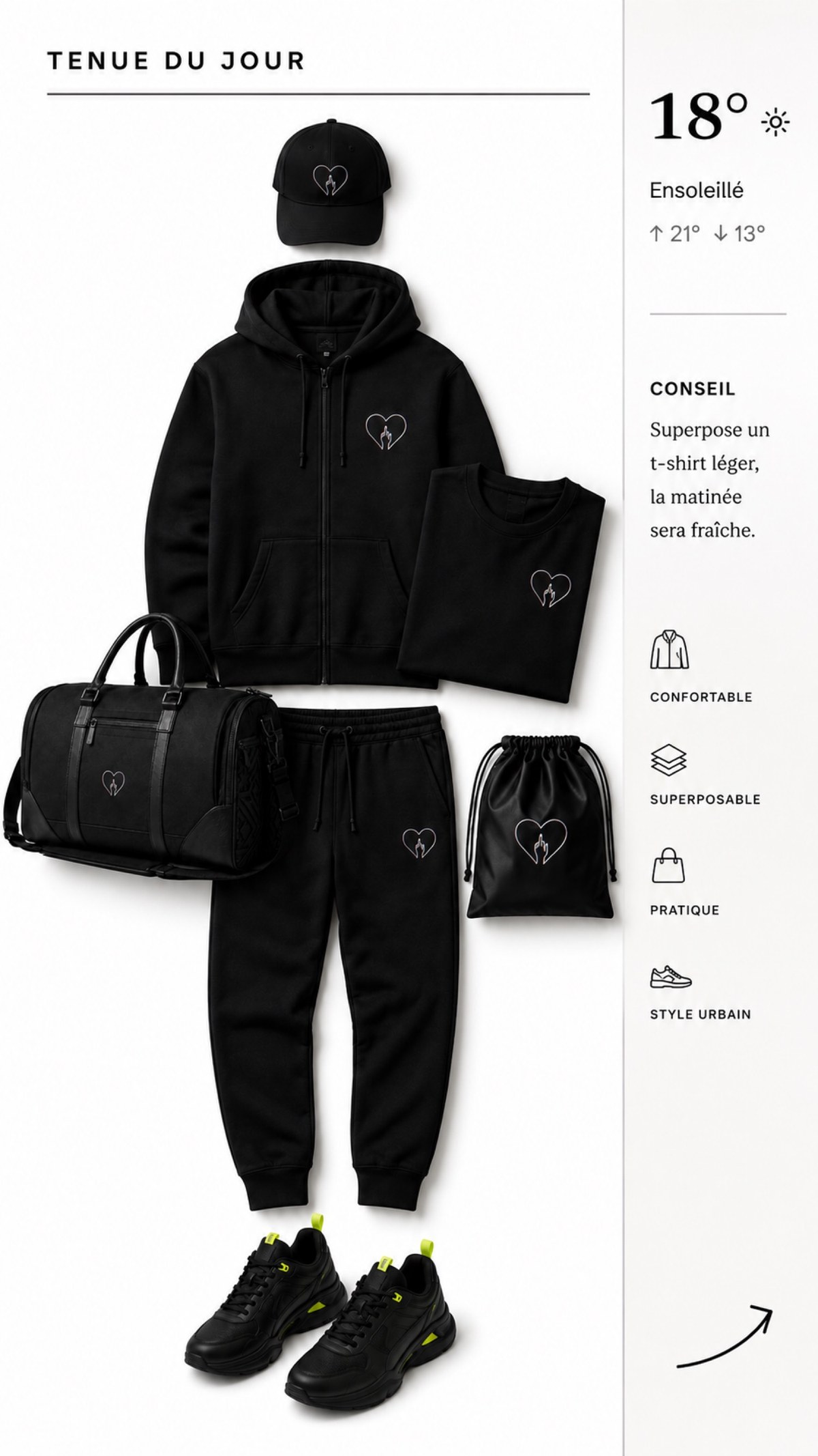Tenue du jour : hoodie, jogging, casquette, sac et sneakers noirs. 18°, ensoleillé.